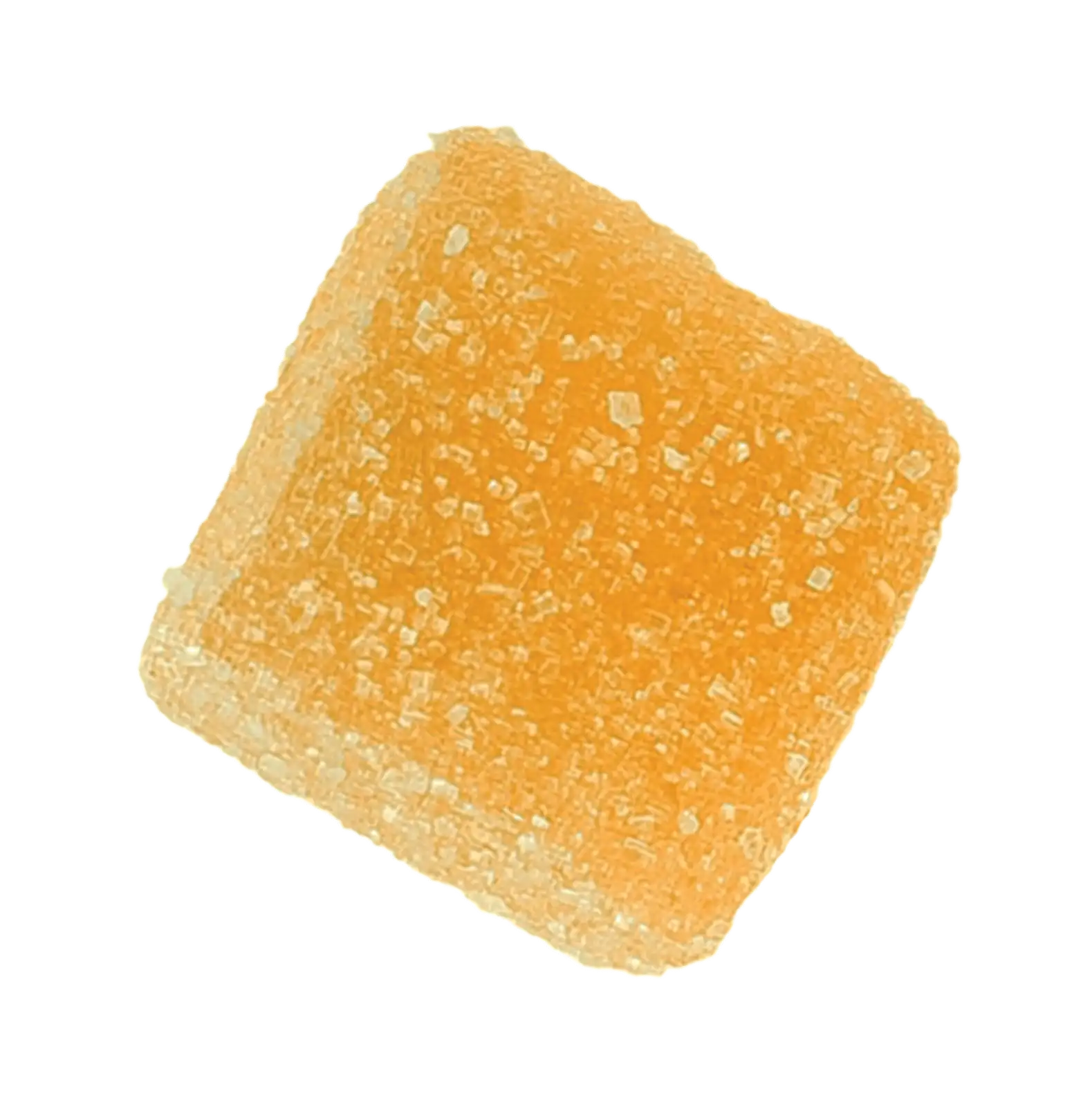 Close up of an orange cannabis edible gummy candy in square shape